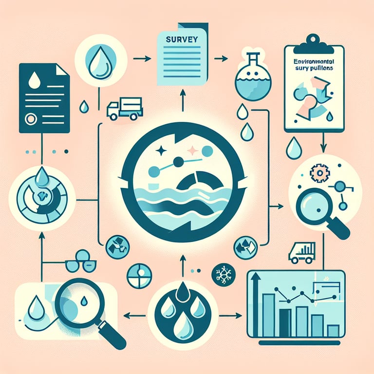 Infographic illustrating Environmental (Water Pollution) survey questions and their outcomes.