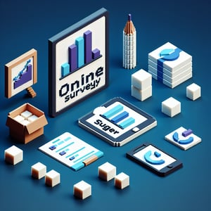 3D voxel art depicting an online survey concept, themed around sugar intake, set against a dark blue background.