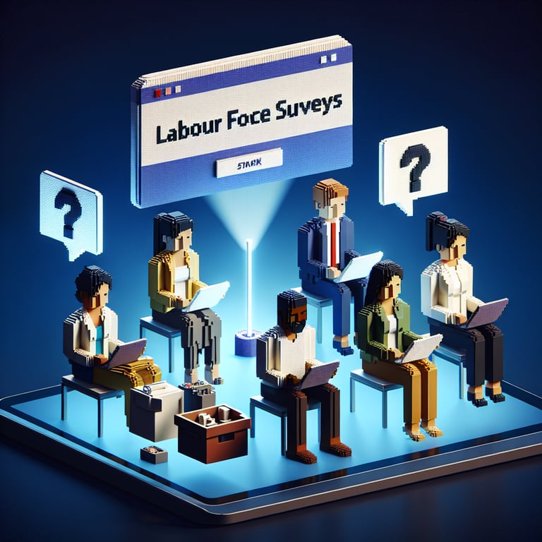 3D voxel art depicting the concept of online labour force survey questions on a dark blue background.