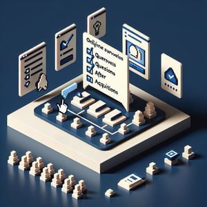 3D voxel art depicting the concept of online surveys and questions on a dark blue background.