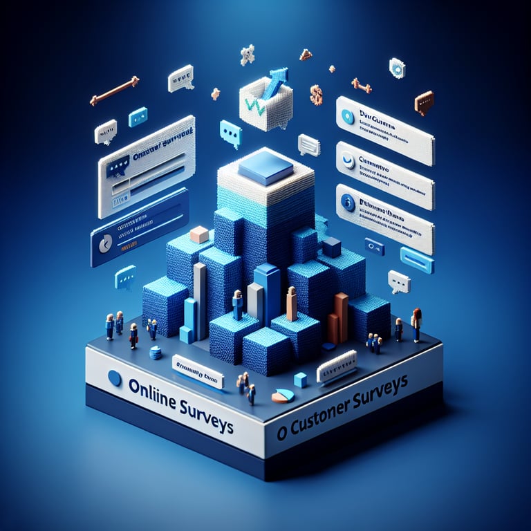 3D voxel art illustrating the concept of top 10 customer survey questions on a dark blue background.