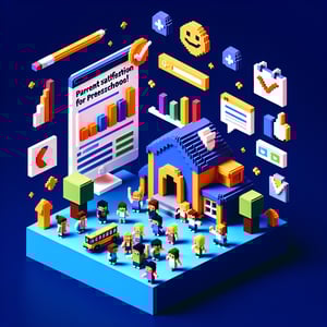 3D voxel art depicting online survey concept on dark blue background, relating to preschool parent satisfaction.