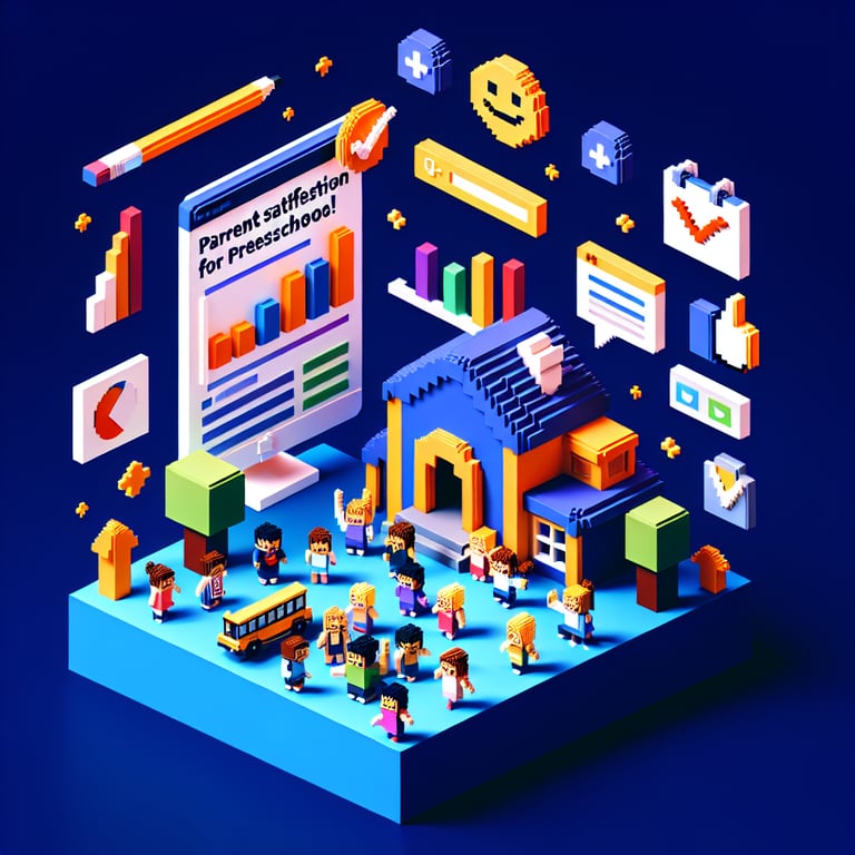 3D voxel art depicting online survey concept on dark blue background, relating to preschool parent satisfaction.