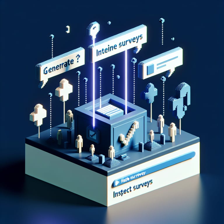 3D voxel art depicting online surveys with a dark blue background, symbolizing intercept survey questions.
