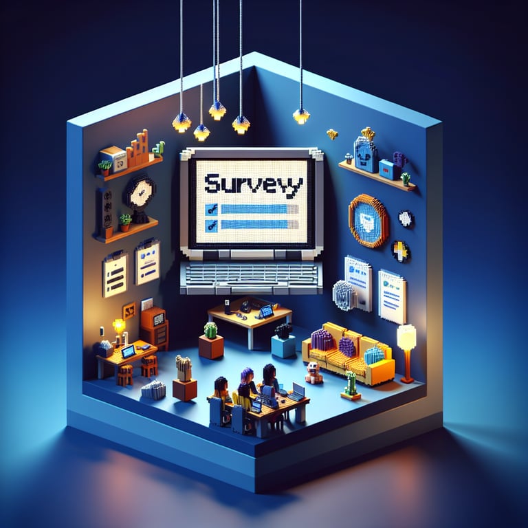 3D voxel art depicting online surveys, with engaging elements on a dark blue background.