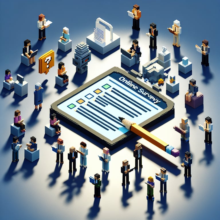 Artistic 3D voxel art illustrating multi-layered insights in a deep questionnaire