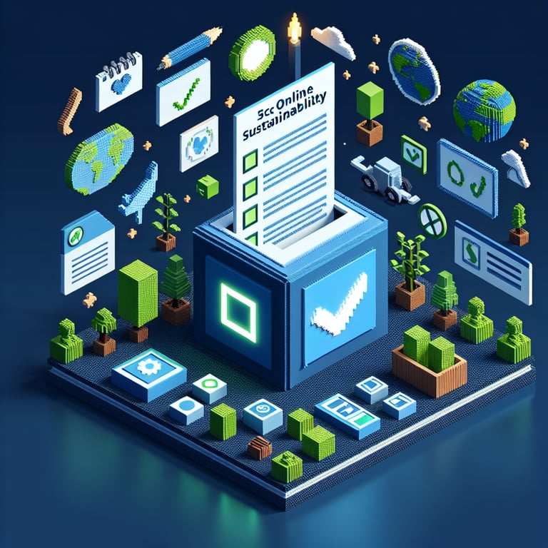 3D voxel art depicting online sustainability surveys against a dark blue background.