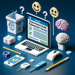 3D voxel art depicting online mental health patient satisfaction surveys on a dark blue background.