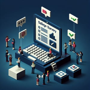 3D voxel art depicting online surveys, ideal for college student survey concept on a dark blue background.