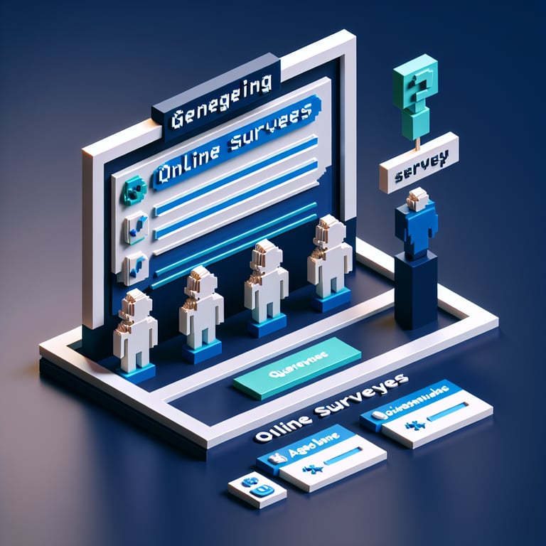 3D voxel art illustrating various age brackets for an online survey, set against a dark blue background.