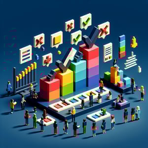 3D voxel art depicting online survey concept on a dark blue background for Hogan Development Surveys.