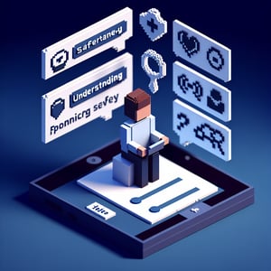 3D voxel art illustrating online surveys about intimate partner violence on a dark blue background.