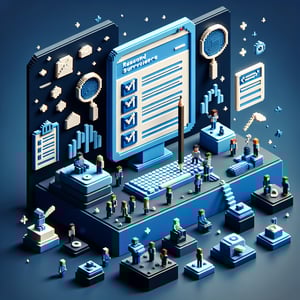 3D voxel art depicting the concept of online surveys on a dark blue background.