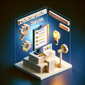 3D voxel art depicting the concept of online surveys against a dark blue background.