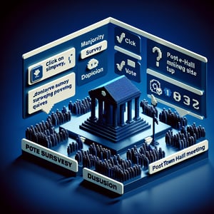 3D voxel art depicting online surveys, symbolizing post town hall meeting survey questions.