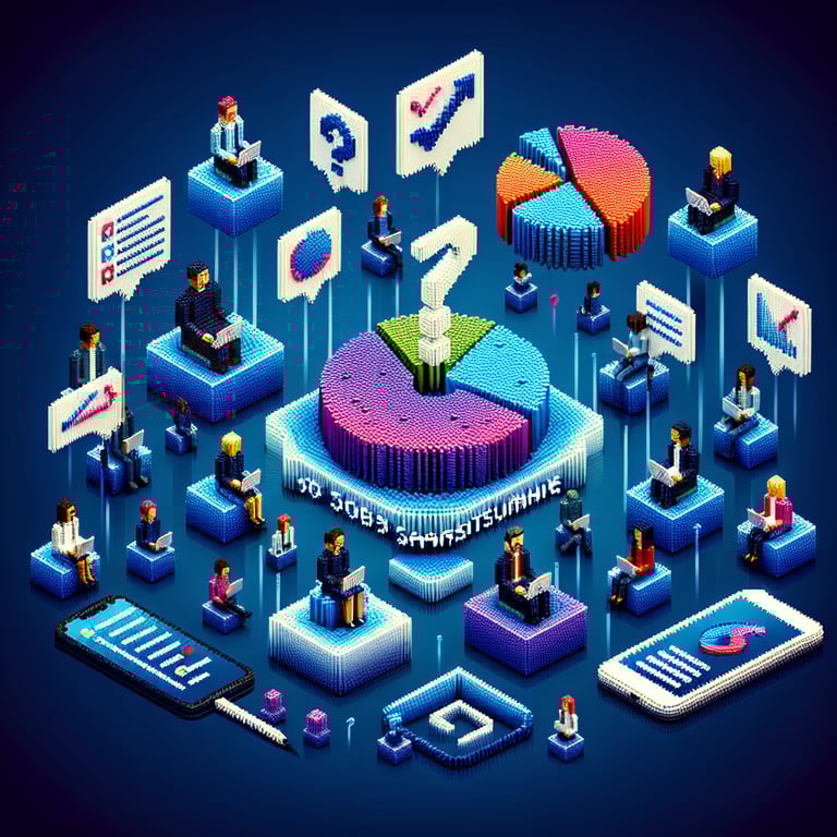3D voxel art depicting online job satisfaction survey process on a dark blue background.