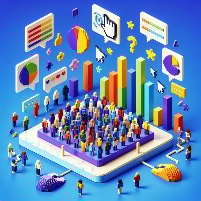Artistic 3D voxel art depicting teen group poll concept