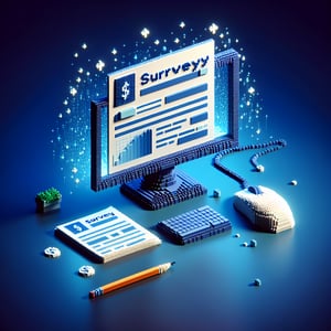 3D voxel art depicting the concept of online payroll surveys, set against a dark blue background.