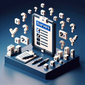 3D voxel art depicting online surveys, ideal for high schoolers, set against a dark blue background.