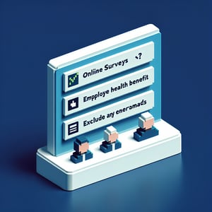 3D voxel art depicting online employee health benefit survey questions on a dark blue background.