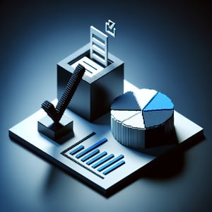 3D voxel art depicting online company surveys with a dark blue background.