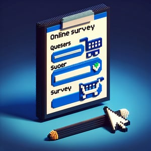 3D voxel art depicting online grocery store survey process on a dark blue background.