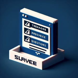 3D voxel art depicting online survey concept, themed around teenage pregnancy, set on dark blue background.
