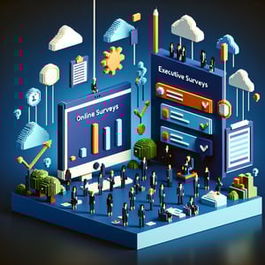 3D voxel art depicting online executive coaching survey process on a dark blue background.
