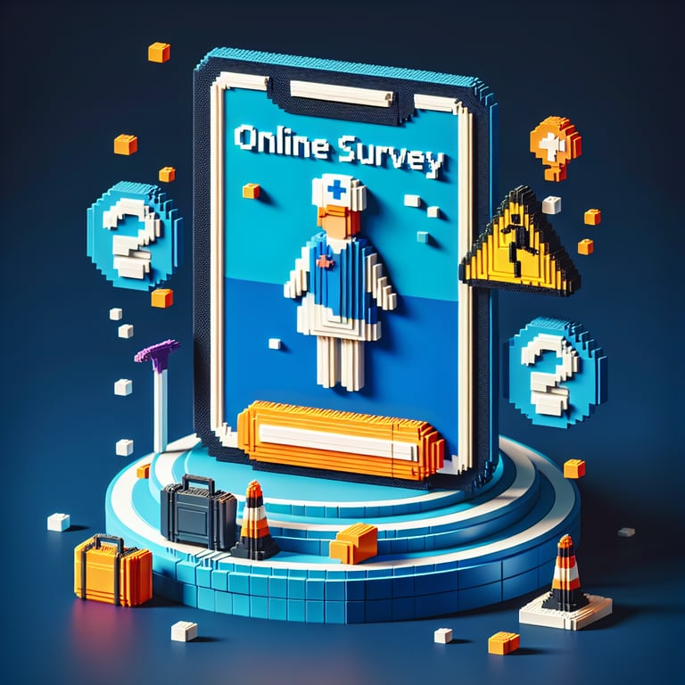 3D voxel art depicting an online survey with elements related to fall prevention for nurses.