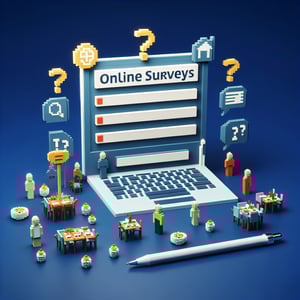 3D voxel art depicting online restaurant surveys on a dark blue background.