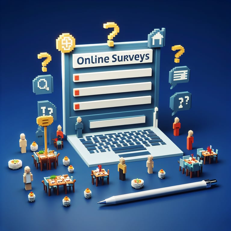 3D voxel art illustrating gourmet feedback grid for restaurant guest survey