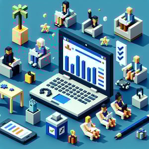 3D voxel art depicting online work life balance survey with a dark blue background.