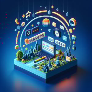 3D voxel art depicting online surveys and questions on a dark blue background, symbolizing deep survey questions.