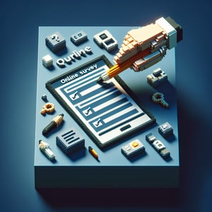 3D voxel art depicting online insurance company surveys on a dark blue background.
