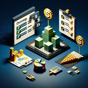 3D voxel art depicting online budgeting survey questions on a dark blue background.