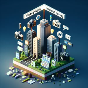 3D voxel art representing online photography business survey questions on a dark blue background.