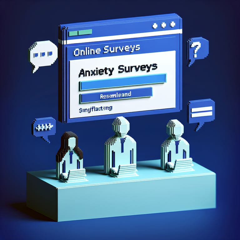 3D voxel art depicting an online anxiety survey, set against a dark blue background.