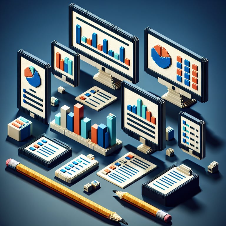 3D voxel art illustrating the concept of online academic performance surveys on a dark blue background.