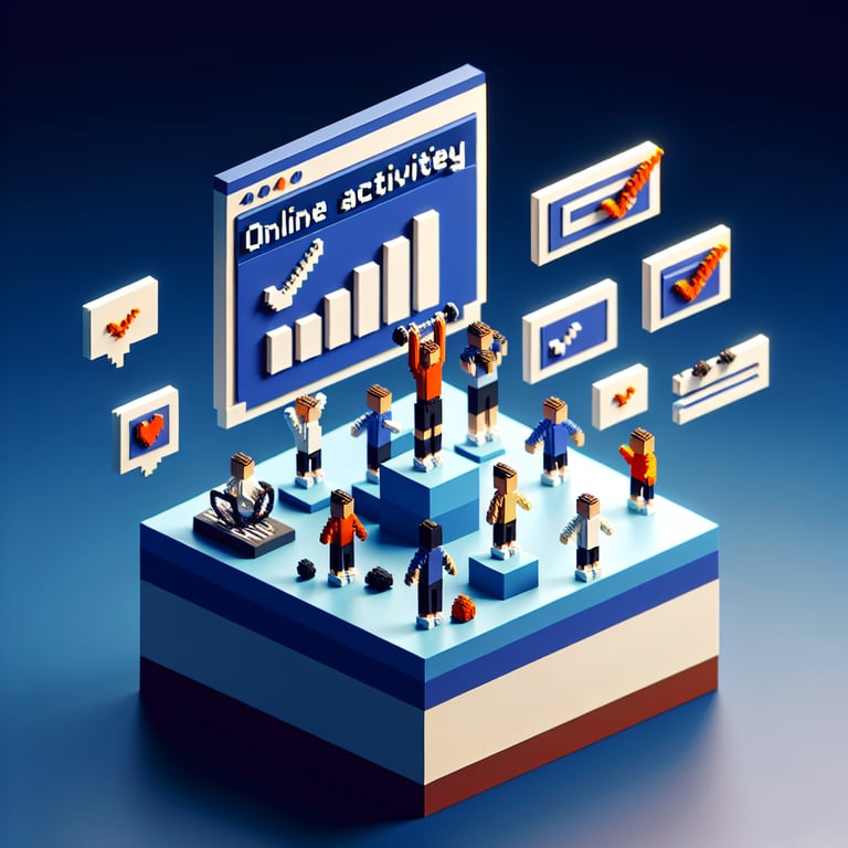 3D voxel art depicting online physical activity survey concept on a dark blue background.