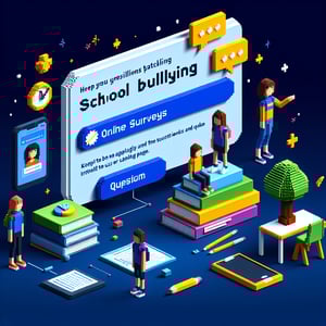 3D voxel art illustrating the concept of online surveys regarding school bullying on a dark blue background.