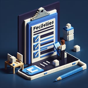 3D voxel art depicting online facilities survey concept with a dark blue background.
