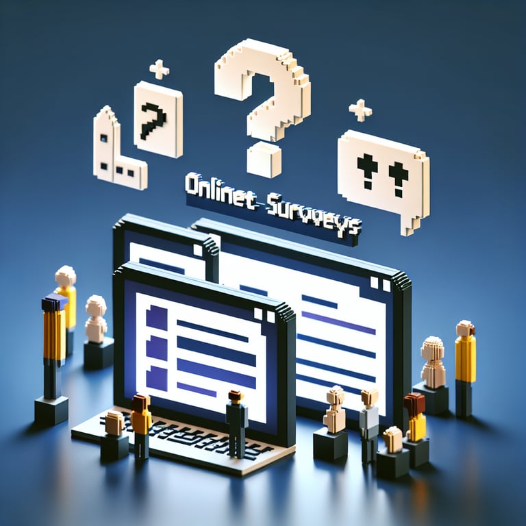 3D voxel art depicting the concept of online surveys, set against a dark blue background.
