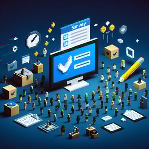 3D voxel art depicting online HOA surveys on a dark blue background.