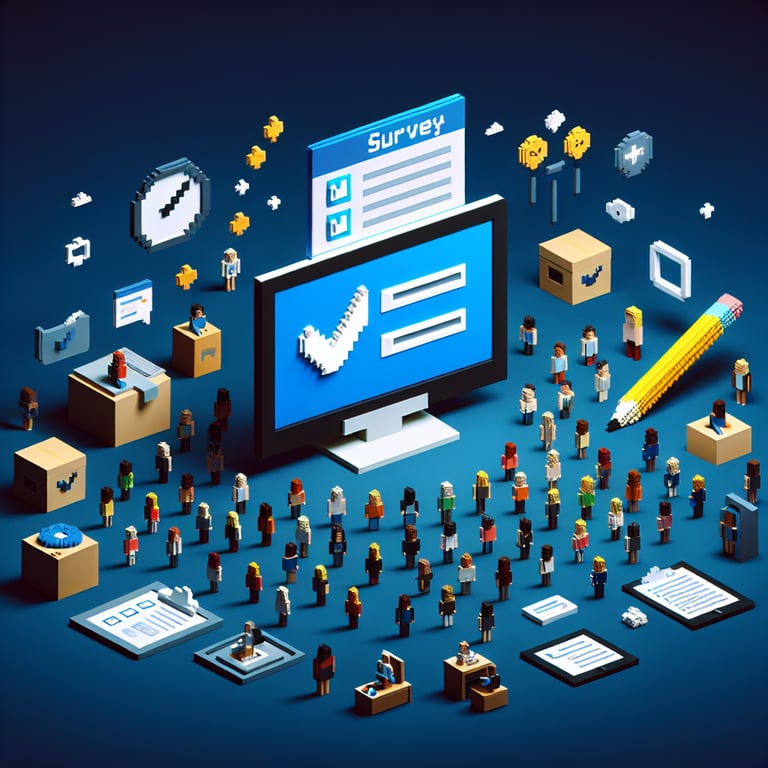 3D voxel art depicting online HOA surveys on a dark blue background.