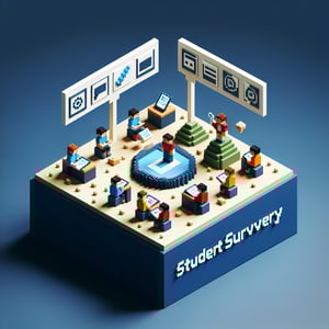3D voxel art depicting online surveys, set against a dark blue background, symbolizing educational games.