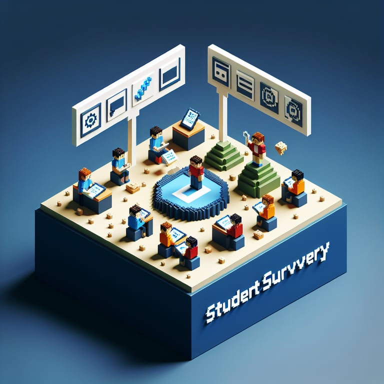 3D voxel art depicting online surveys, set against a dark blue background, symbolizing educational games.