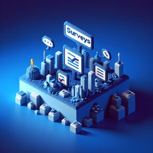 3D voxel art depicting online surveys on catcalling, set against a dark blue background.