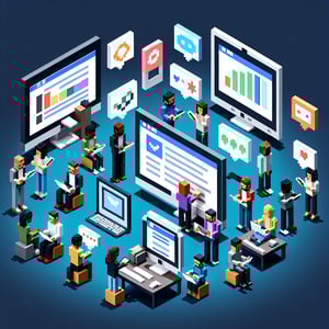 3D voxel art depicting online surveys concept on a dark blue background, symbolizing digital divide surveys.