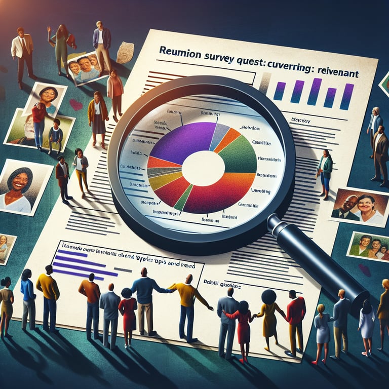 Infographic illustrating the concept of Reunion Survey Questions to uncover relevant topics and trends.