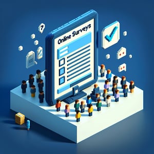 3D voxel art depicting online surveys and questions against a dark blue background.